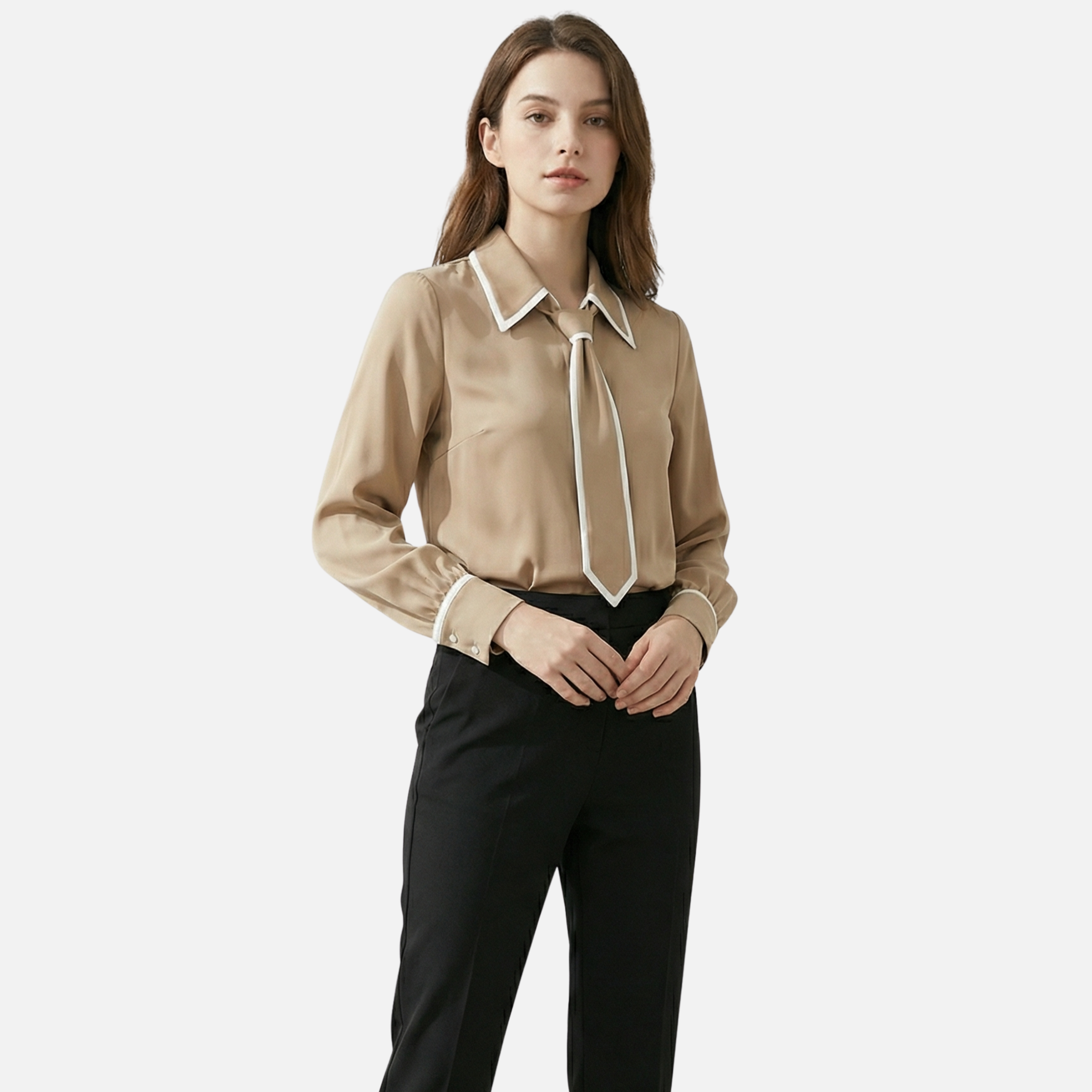 Contrast Trim Blouse with Detachable Tie for Women