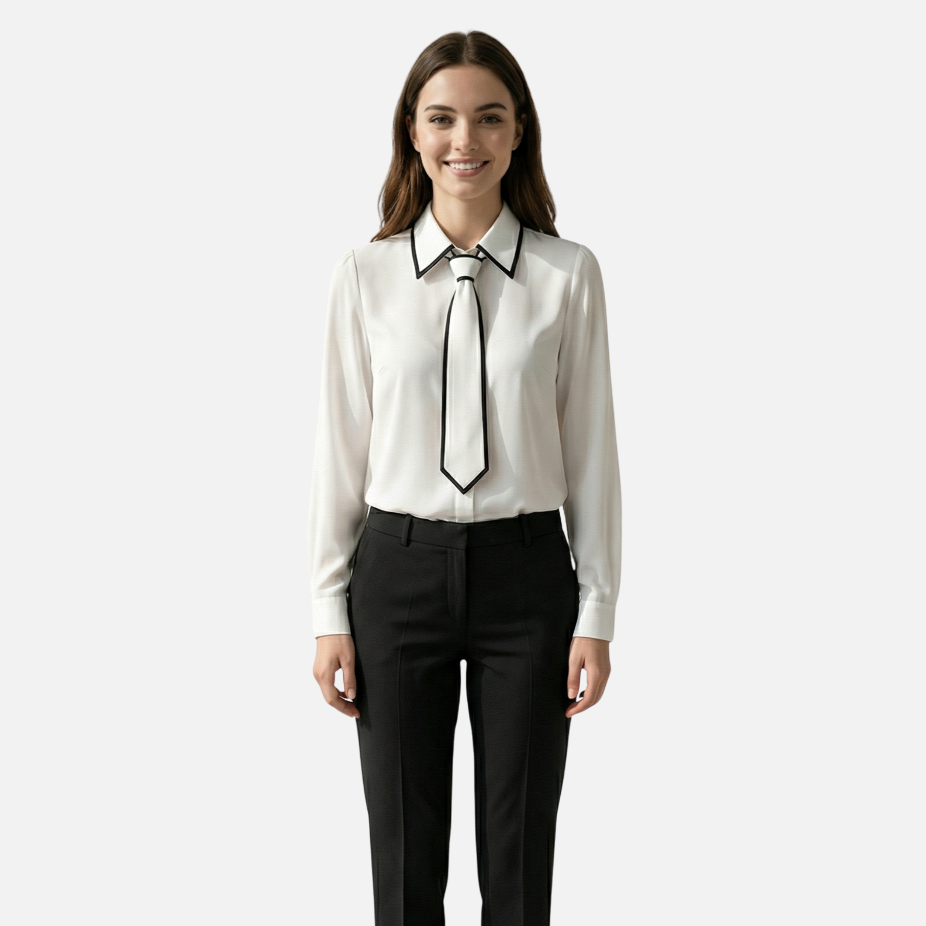 Contrast Trim Blouse with Detachable Tie for Women