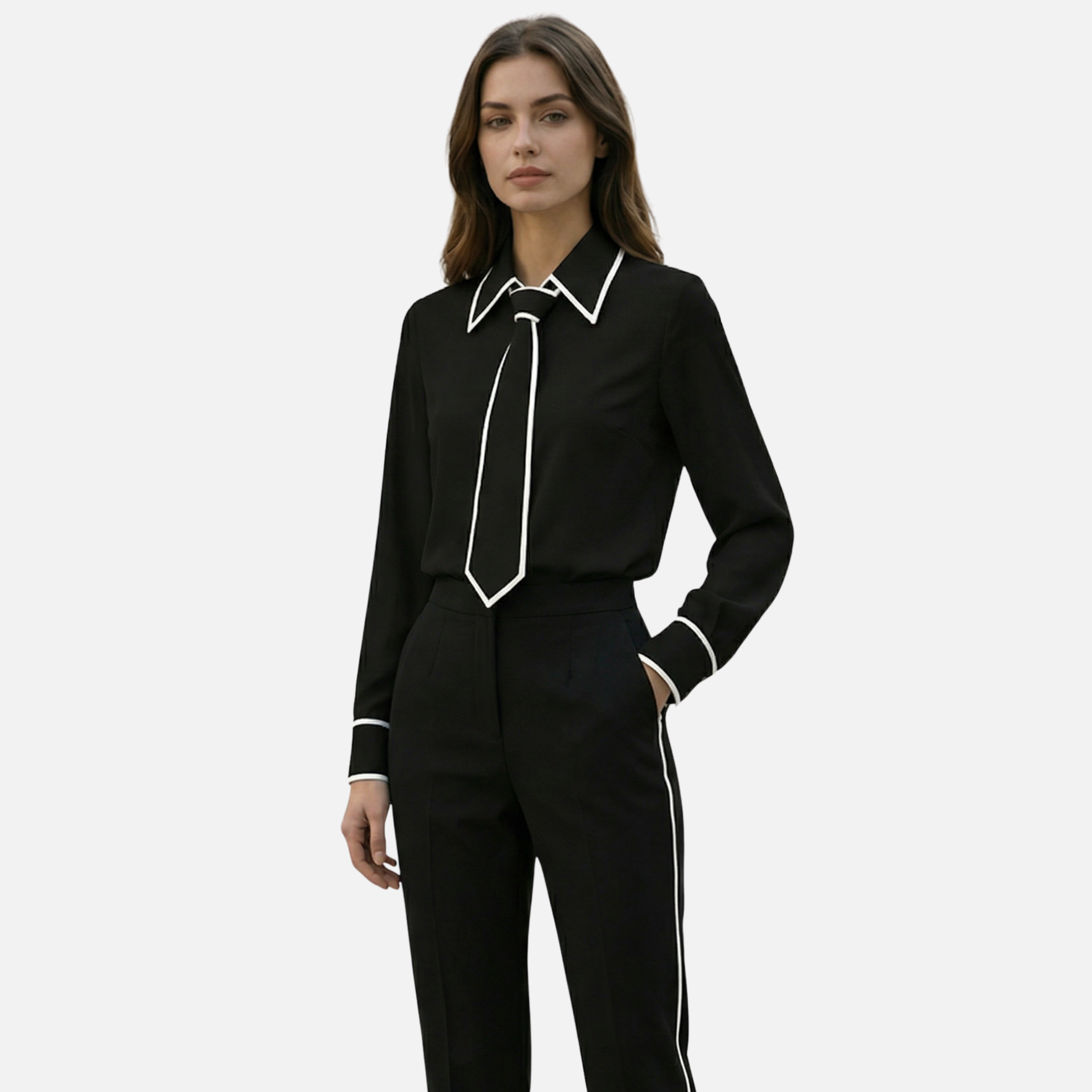 Contrast Trim Blouse with Detachable Tie for Women