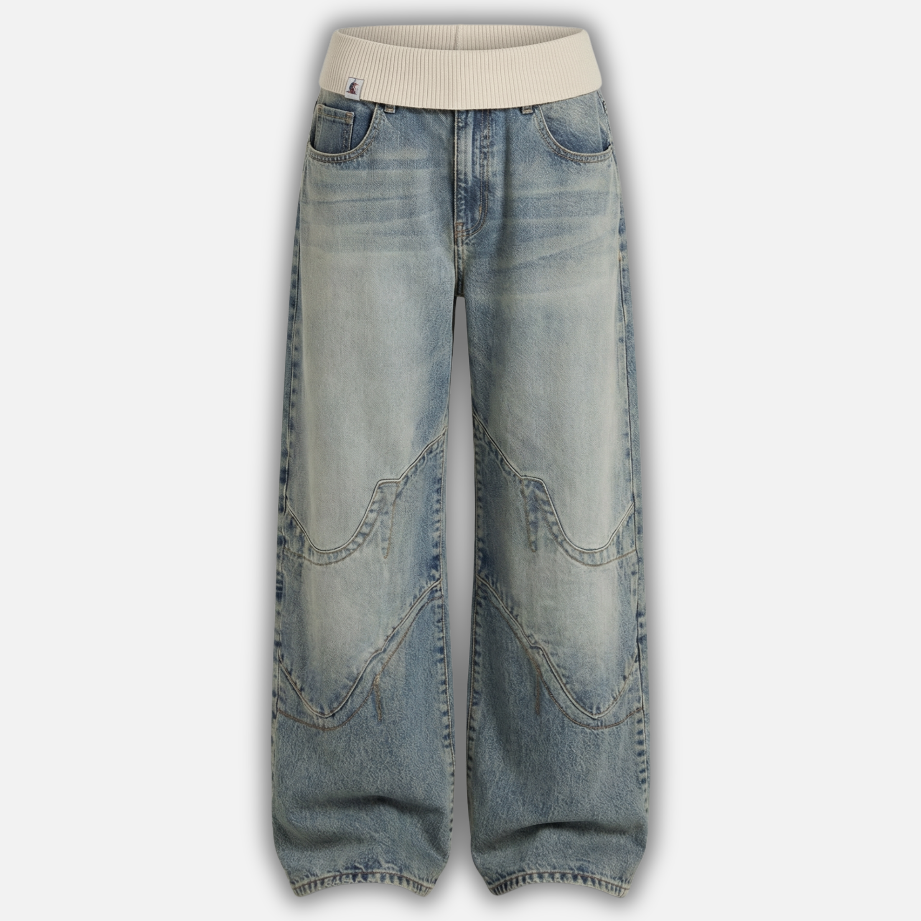 Wide Leg Denim Jeans with Ribbed Waistband for Women
