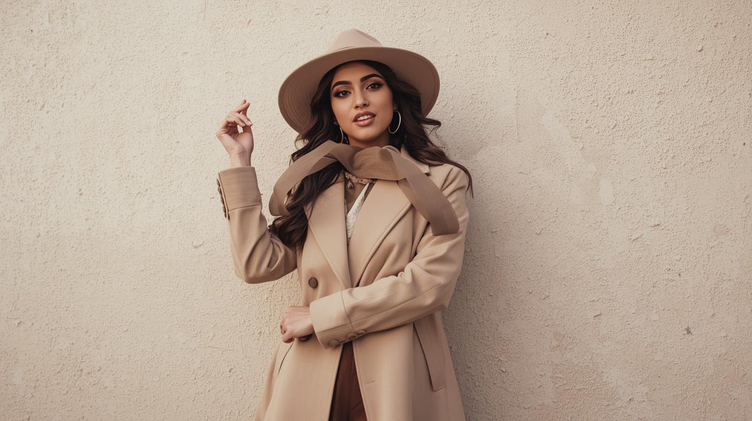 Woman_in_a_beige_coat_and_hat_posing_playfully_against_a_textured_wall.